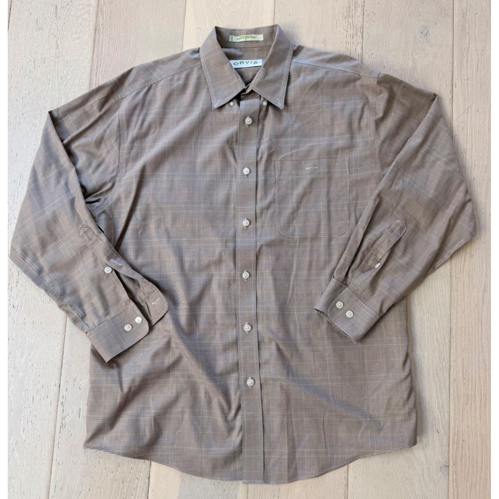 Orvis Mens Glen Plaid Button Down Shirt Brown 100% Cotton Long Sleeve Large